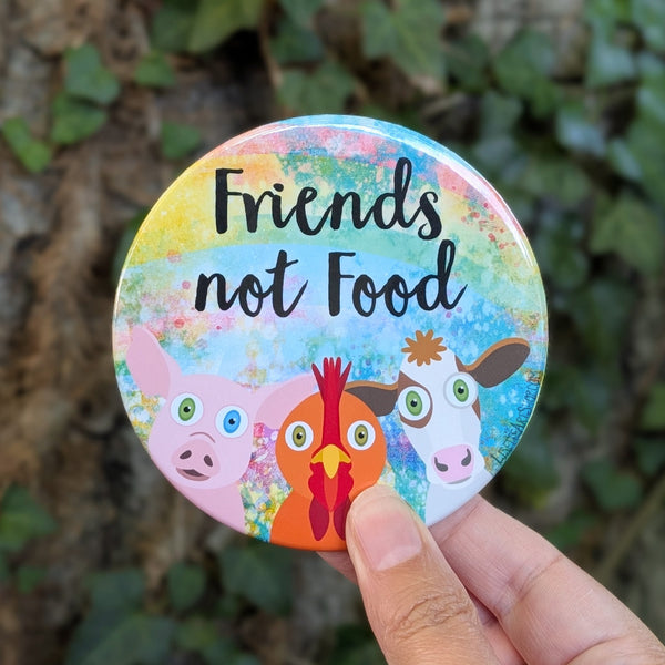 "Friends Not Food" Cute Animals Vegan Message Fridge Magnet, Large Round Decorative Magnet