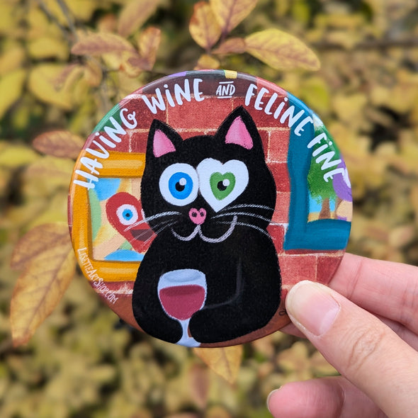 "Having Wine and Feline Fine" Black Cat Art Fridge Magnet, Large Round Decorative Magnet