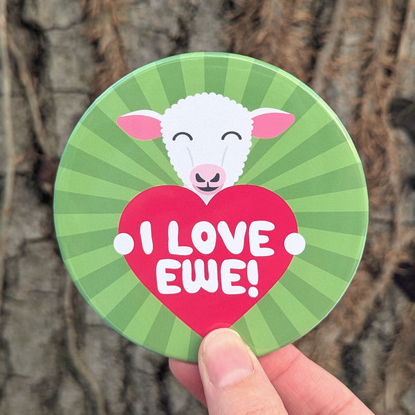 "I Love Ewe!" Cute Sheep Fridge Magnet, Large Round Decorative Magnet