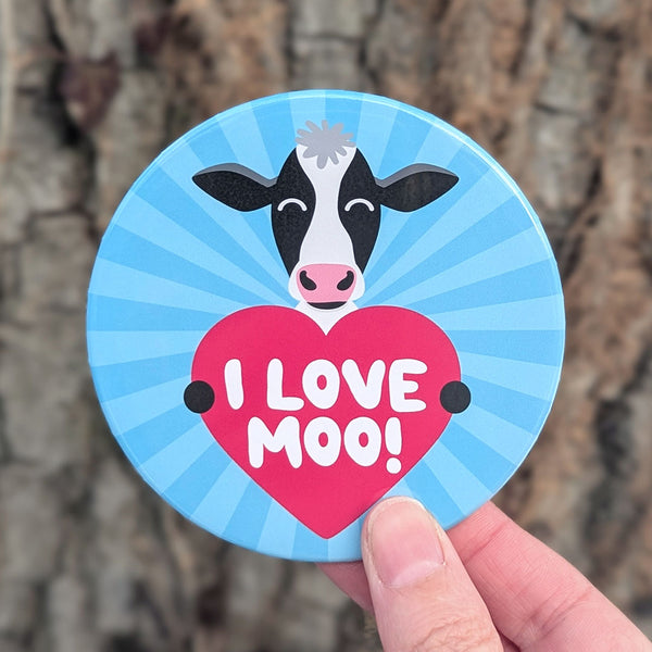 "I Love Moo!" Cute Cow Fridge Magnet, Large Round Decorative Magnet