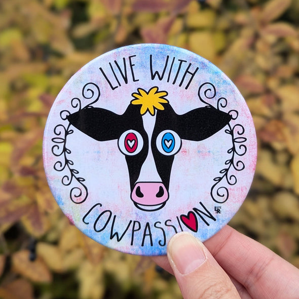 "Live with Cowpassion" Cow Fridge Magnet, Large Round Decorative Magnet