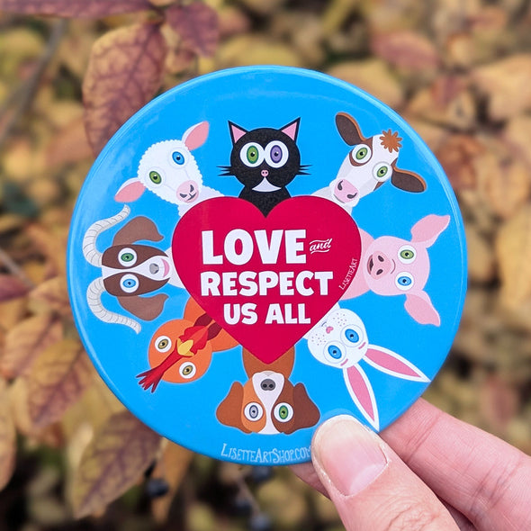 "Love Us All" Cute Animals Vegan Message Fridge Magnet, Large Round Decorative Magnet