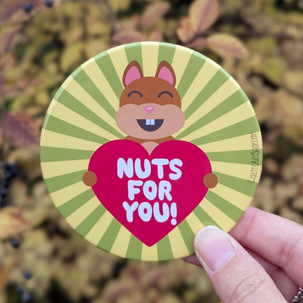 "Nuts For You!" Squirrel Fridge Magnet, Large Round Decorative Magnet