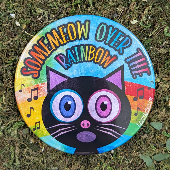 "SomeMEOW Over The Rainbow" Black Cat Fridge Magnet, Large Round Decorative Magnet