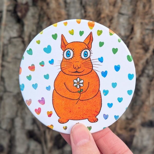 Love Squirrel with Flower and Rainbow Hearts - Cute Fridge Magnet, Large Round Decorative Magnet