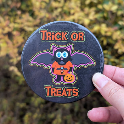 "TRICK OR TREATS" Bat Cat Halloween Fridge Magnet, Large Round Decorative Magnet