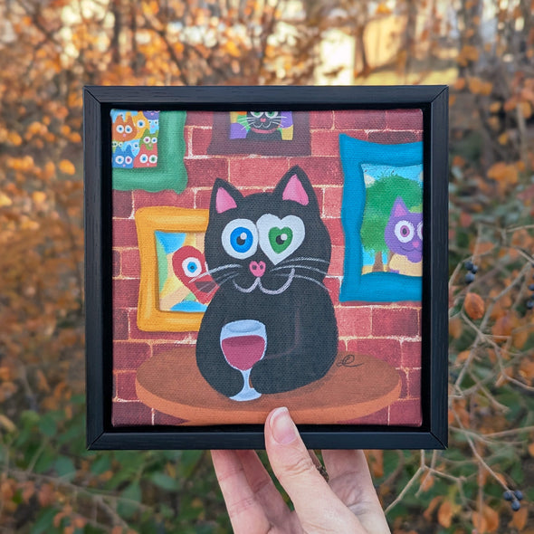 "Having Wine and Feline Fine" Black Cat Whimsical Art - Framed Canvas Reproduction