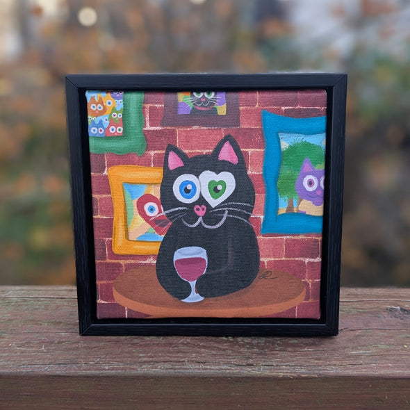 "Having Wine and Feline Fine" Black Cat Whimsical Art - Framed Canvas Reproduction