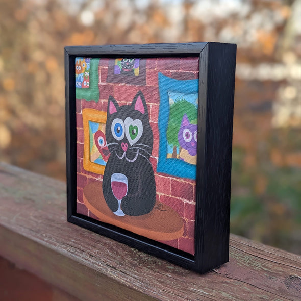 "Having Wine and Feline Fine" Black Cat Whimsical Art - Framed Canvas Reproduction