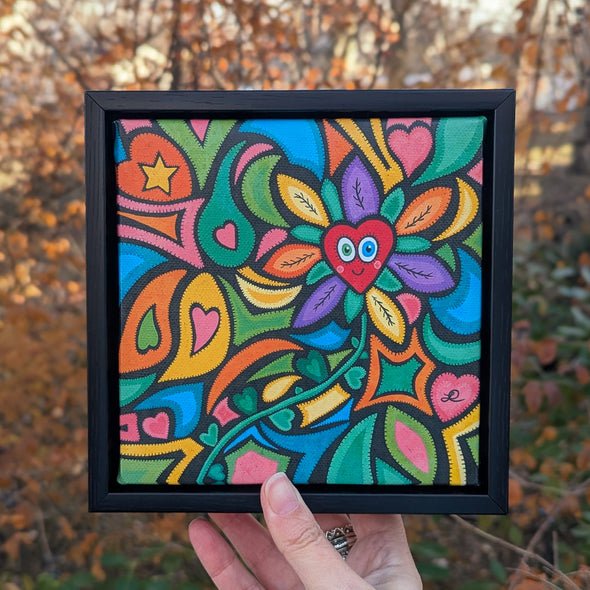 "Happy Heart Flower" Whimsical Art - Framed Canvas Reproduction
