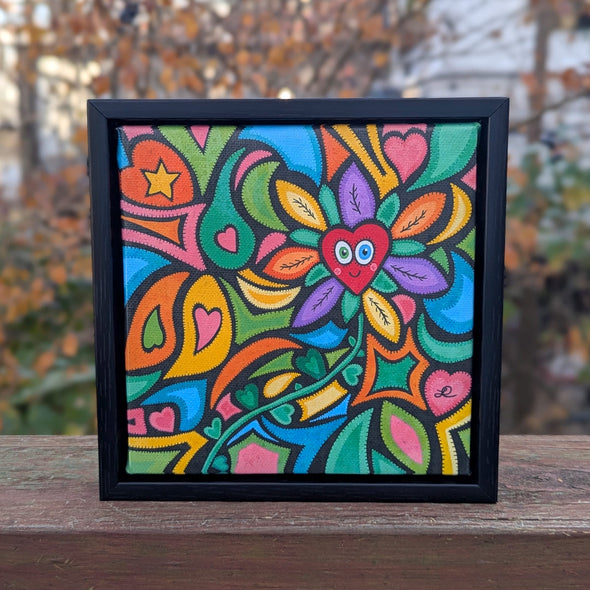 "Happy Heart Flower" Whimsical Art - Framed Canvas Reproduction
