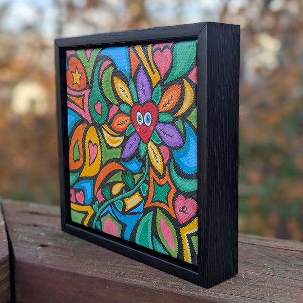 "Happy Heart Flower" Whimsical Art - Framed Canvas Reproduction