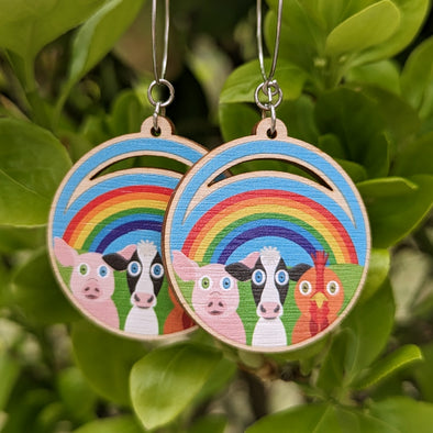 "Rainbow Friends" Trio - Printed Wood Charm Vegan Animals Hoop Earrings
