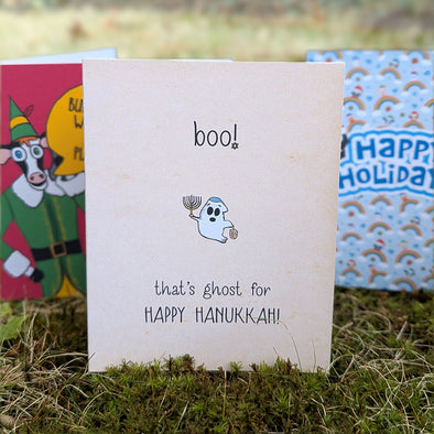 "boo! HAPPY HANUKKAH!" Cute Ghost Greeting Card, Recycled Hanukkah Card