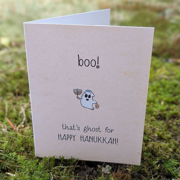 "boo! HAPPY HANUKKAH!" Cute Ghost Greeting Card, Recycled Hanukkah Card