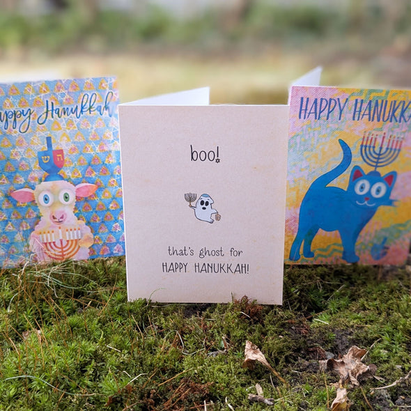 "boo! HAPPY HANUKKAH!" Cute Ghost Greeting Card, Recycled Hanukkah Card