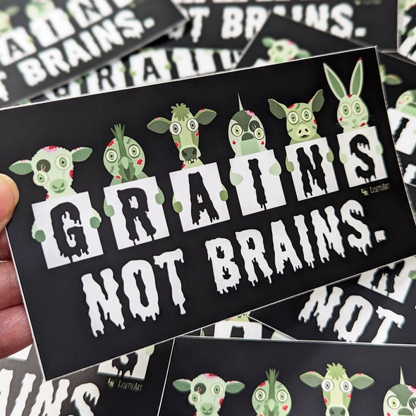 "Grains not Brains" Zombie Animals Vegan Vinyl Bumper Sticker