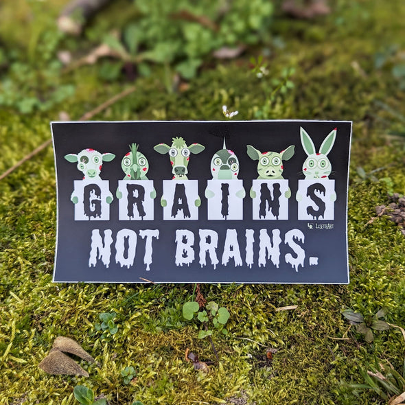 "Grains not Brains" Zombie Animals Vegan Vinyl Bumper Sticker