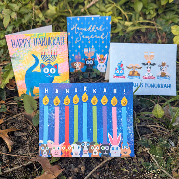 "Hanukkah!" Animal Hanukkiah Greeting Card, Recycled Hanukkah Menorah Card