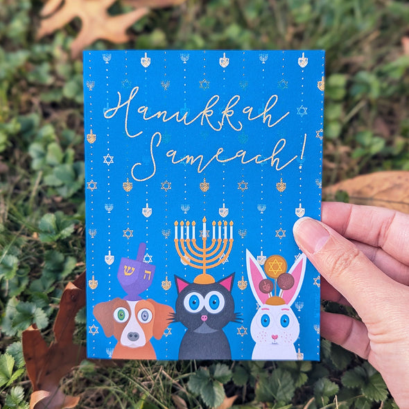"Hanukkah Sameach!" Cute Animals Hanukkah Card, Recycled Greeting Card