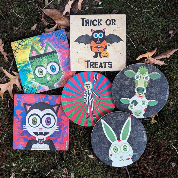 "TRICK OR TREATS" Bat Cat Halloween Square Stone Coaster