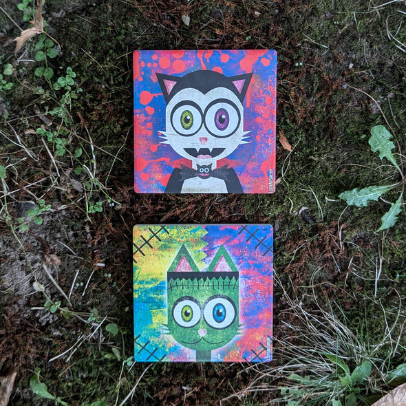 Halloween Cats - Vampurrrkitty and Frankenkitty Square Stone Coaster Set