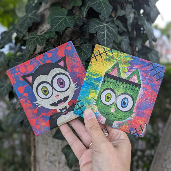 Halloween Cats - Vampurrrkitty and Frankenkitty Square Stone Coaster Set