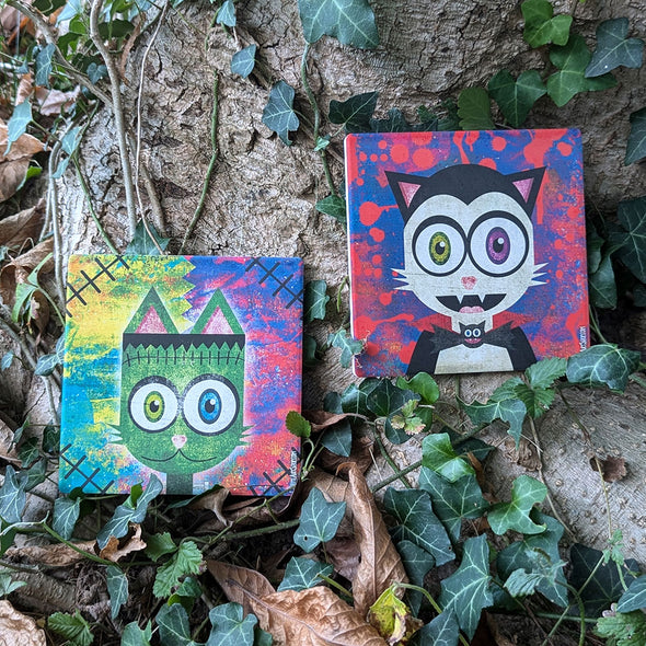 Halloween Cats - Vampurrrkitty and Frankenkitty Square Stone Coaster Set