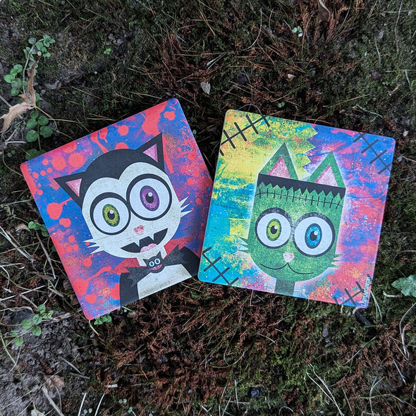 Halloween Cats - Vampurrrkitty and Frankenkitty Square Stone Coaster Set