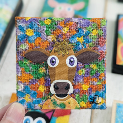 Hippie Cow - Miniature Mixed Media Art, Cow Portrait