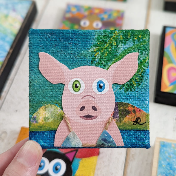 Island Piggy - Miniature Mixed Media Art, Pig Portrait