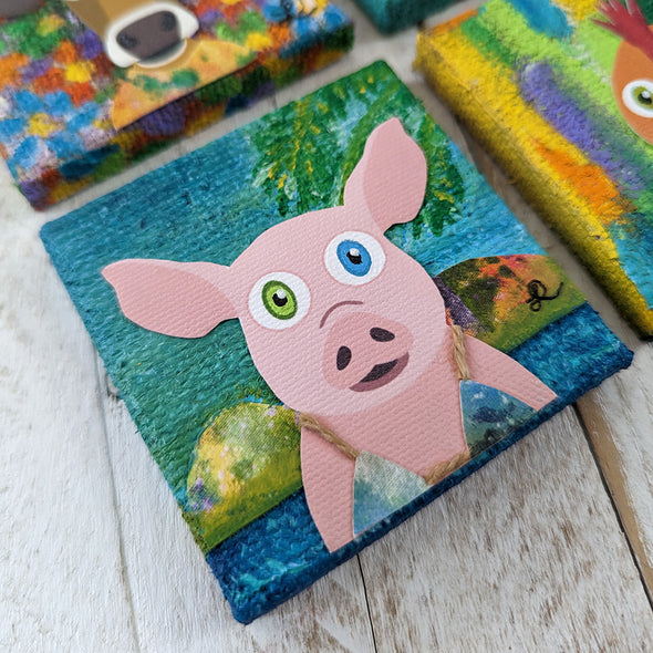 Island Piggy - Miniature Mixed Media Art, Pig Portrait