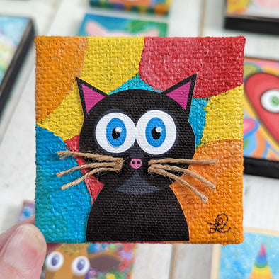 Contemporary Cat - Miniature Mixed Media Art, Black Cat Portrait