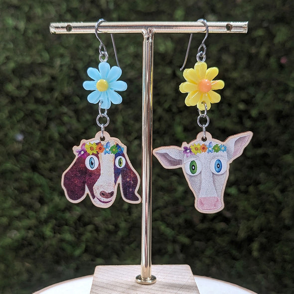 Goat and Cow with Flower Crowns and Charms - Mismatch Printed Wood Charm Earrings
