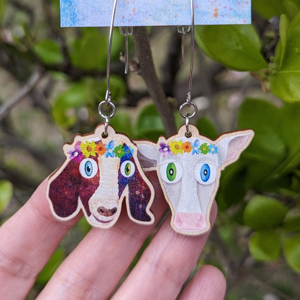 Goat and Cow with Flower Crowns- Mismatch Printed Wood Charm Earrings