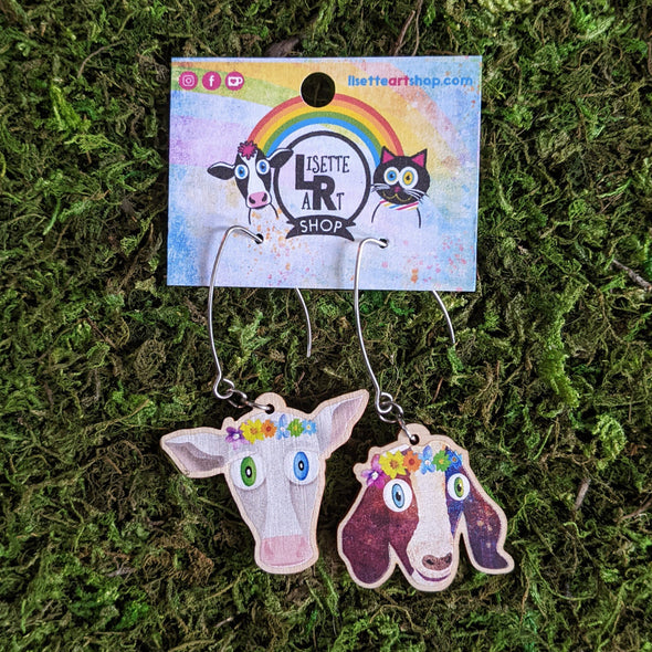 Goat and Cow with Flower Crowns- Mismatch Printed Wood Charm Earrings