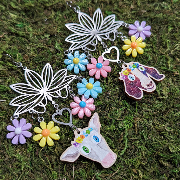 Goat and Cow with Flower Crowns, Lotus and Flower Charms - Mismatch Printed Wood Charm Earrings