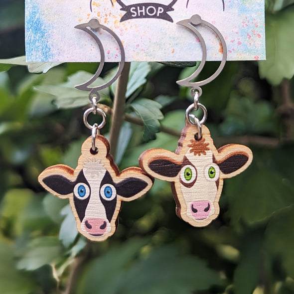 Mismatch MOOns - Cute Cows with Moons - Printed Wood Charm Vegan Earrings