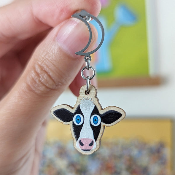 Mismatch MOOns - Cute Cows with Moons - Printed Wood Charm Vegan Earrings