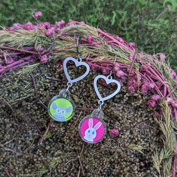 Mix or Match Love Animal Friends Earrings, Printed Recycled Acrylic Charms