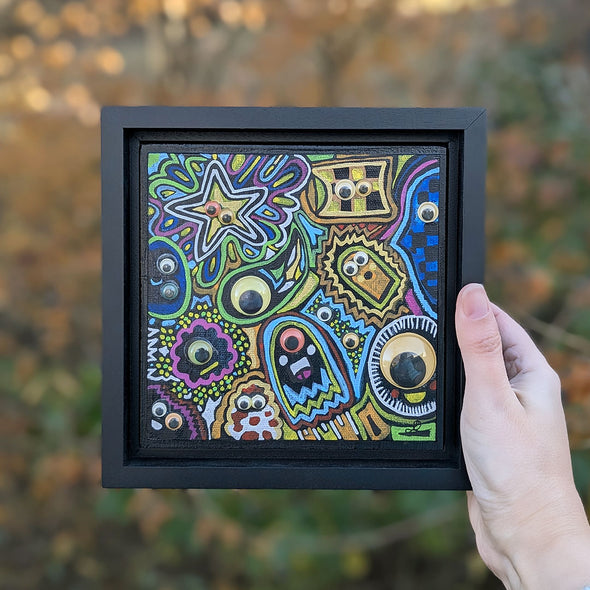 Googly Eyed Monster Friends - Mixed Media Art on Wood - Framed