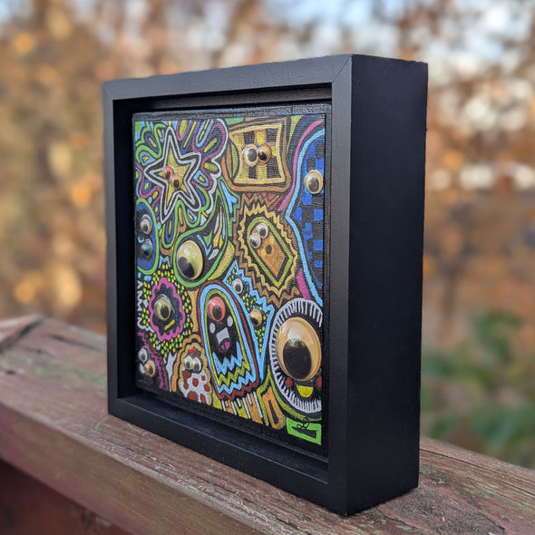 Googly Eyed Monster Friends - Mixed Media Art on Wood - Framed