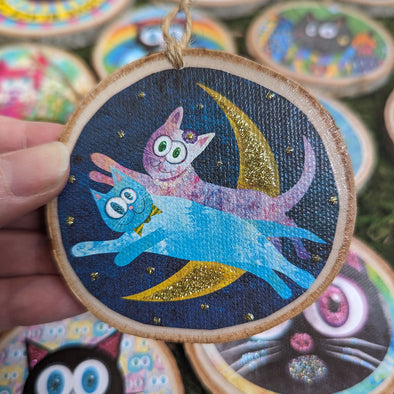 "Cat Lovers Over The Moon" Love Ornament - Glitter Wood Holiday Ornaments