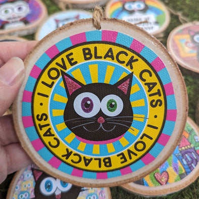 "I Love Black Cats" Ornament - Glitter Large Wood Holiday Ornaments