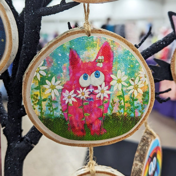"Pink Fuzzy Kitty" Cat Ornament - Glitter Wood Holiday Ornaments