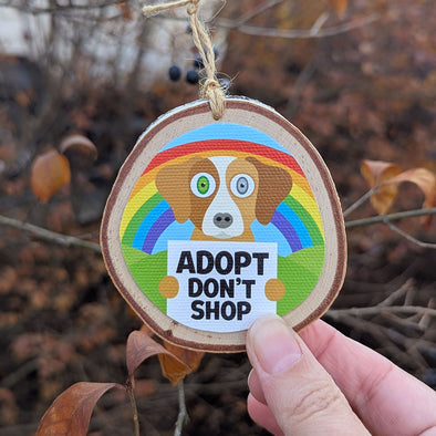"Adopt, Don't Shop" Whimsical Wood Dog Ornaments - Funky Dogs Holiday Ornaments