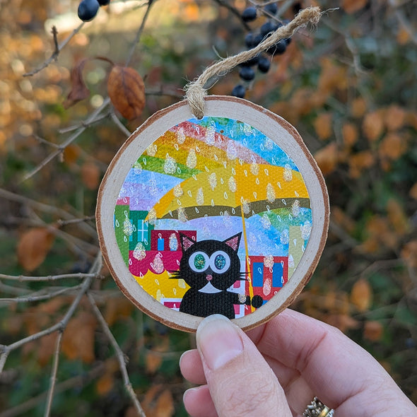 "Cat in Sun Shower" Whimsical Kitty Ornament - Glitter Wood Holiday Ornaments