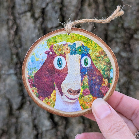 "Sweet Goat with Flower Crown Portrait" Ornament - Glitter Wood Holiday Ornaments