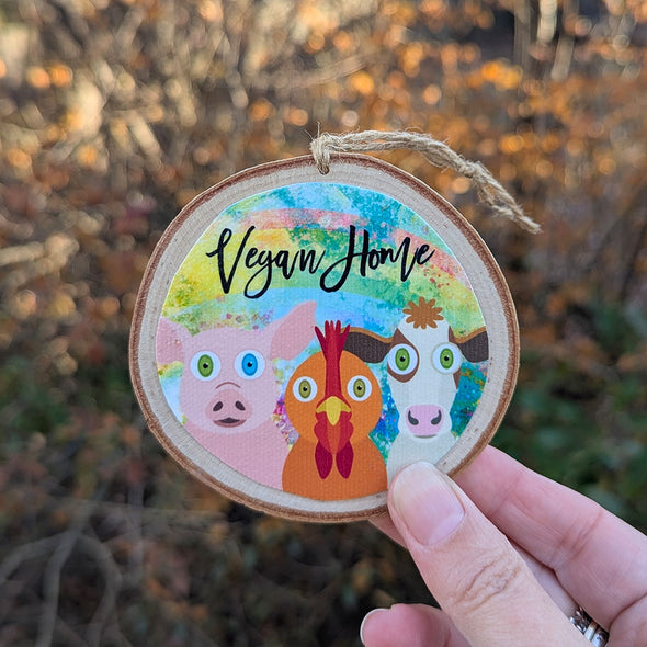 "Vegan Home"  Whimsical Animal Friends Wood Ornaments, Cows, Pigs, Chickens, Goats, Holiday Ornaments