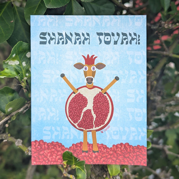"Shana Tovah!" Cute Cow in Pomegranate, Rosh Hashanah Card, Recycled Greeting Card